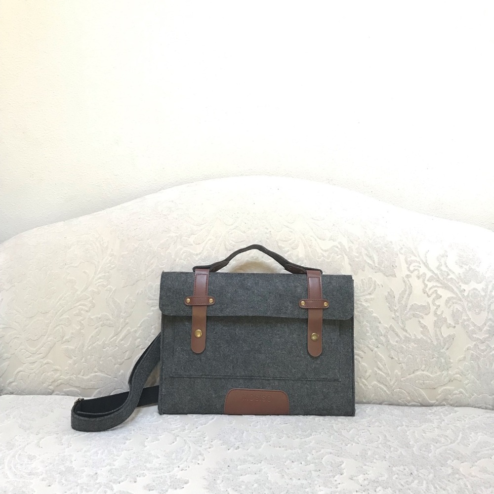 Charcoal Felt Laptop Shoulder Bag with Faux Leather Accents - 13-13.3 inch